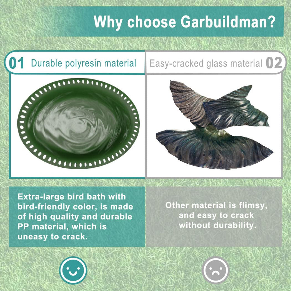 Side view of Garbuildman birdbath with feeding tray