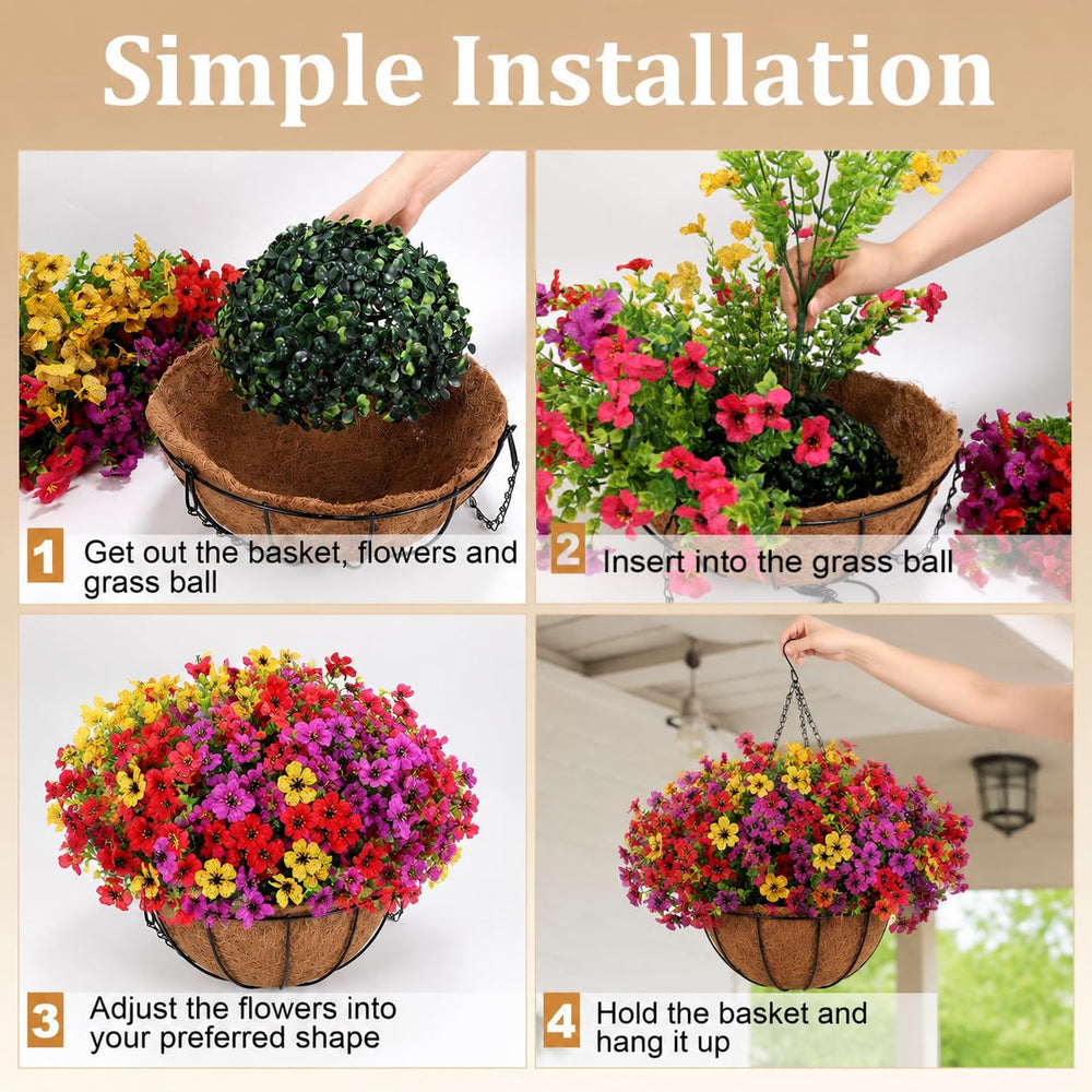 Side view of Geegoods artificial hanging basket with lush flowers