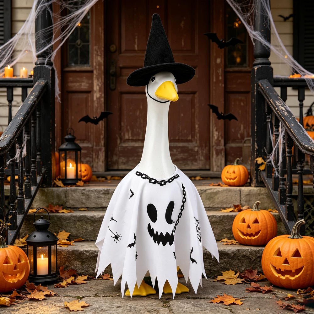 Side view of ghost costume on a garden goose