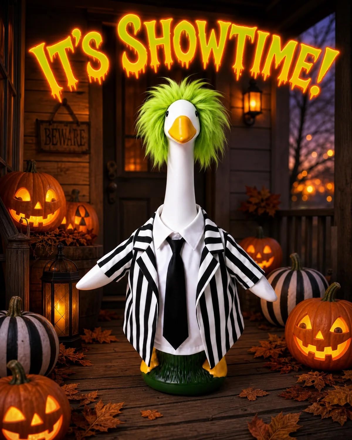 Side view of GigaCircle Halloween Goose Outfit showing neon green wig