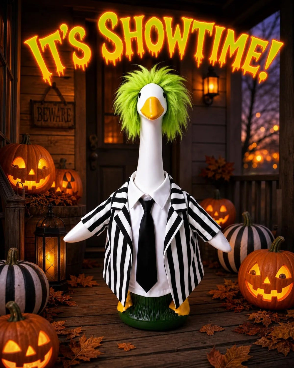 Side view of GigaCircle Halloween Goose Outfit showing neon green wig