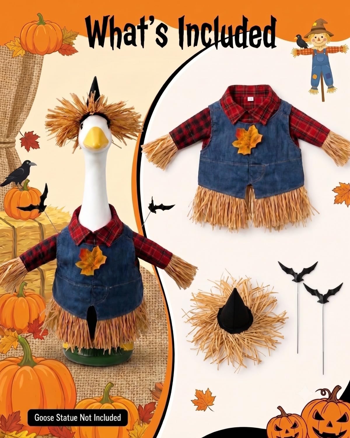Side view of GigaCircle Scarecrow Goose Outfit on a lawn statue