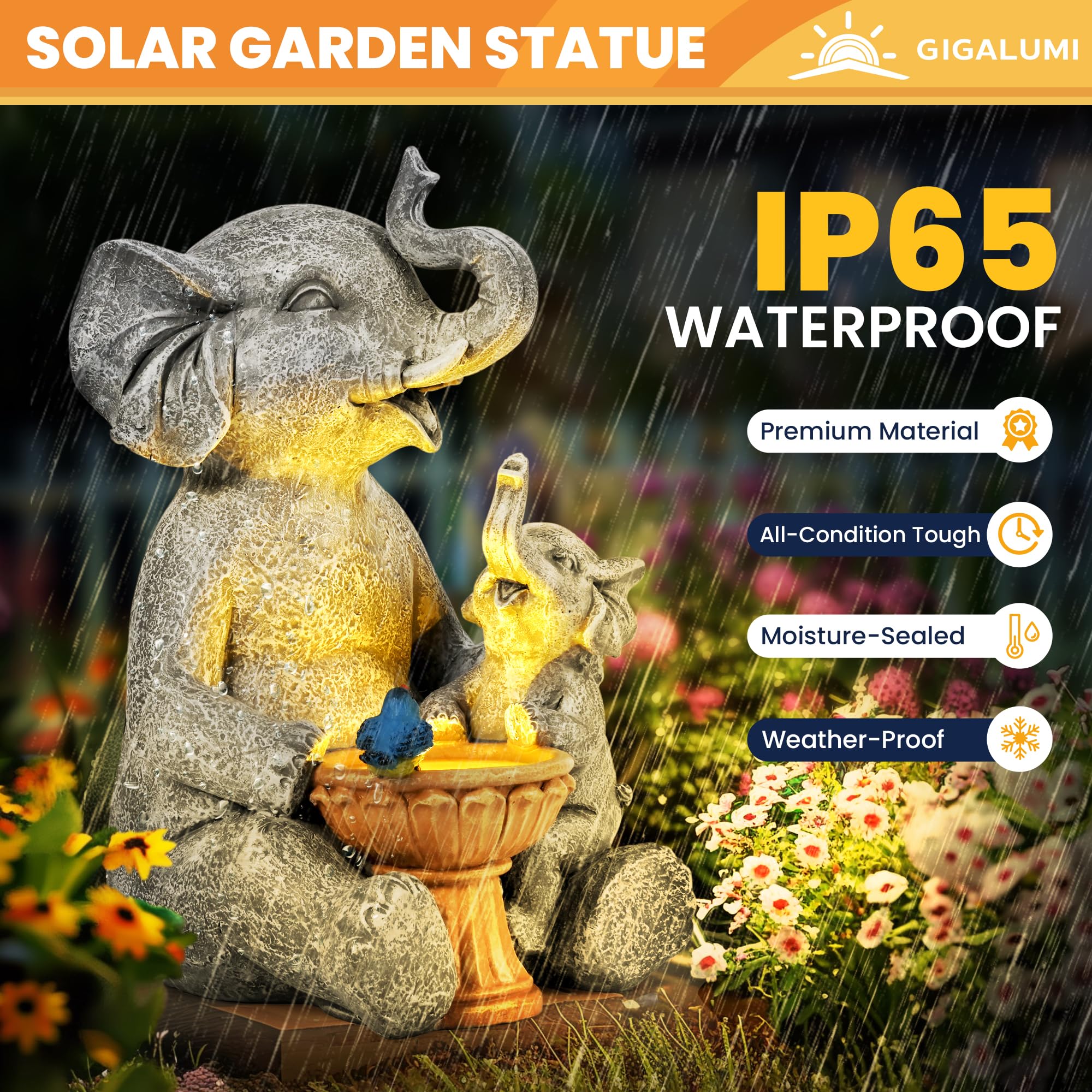 Side view of GIGALUMI Solar Elephant Garden Statue