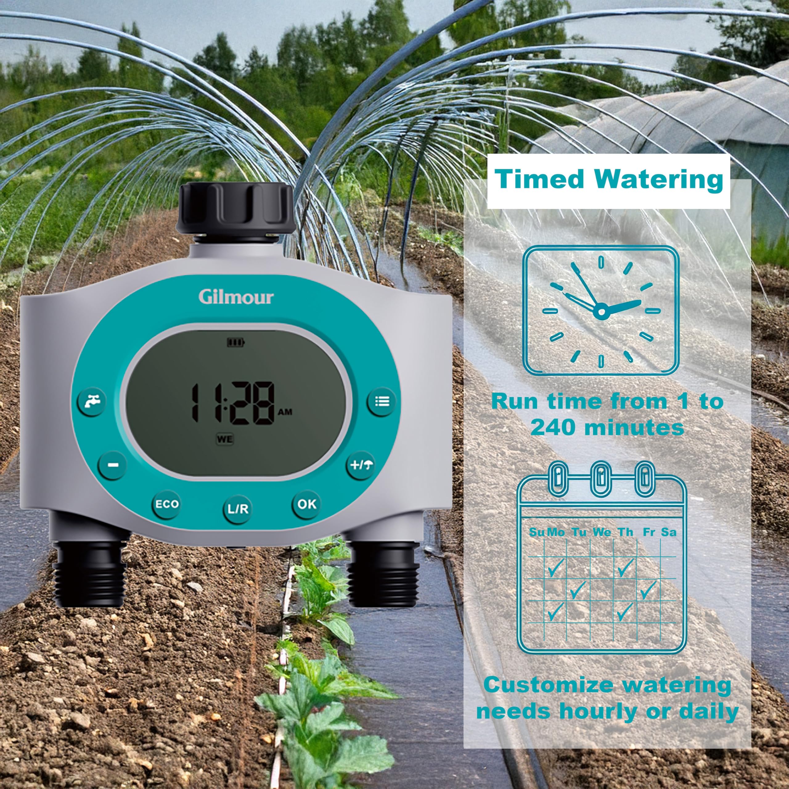 Side view of GILMOUR Dual Outlet Water Timer showing zones