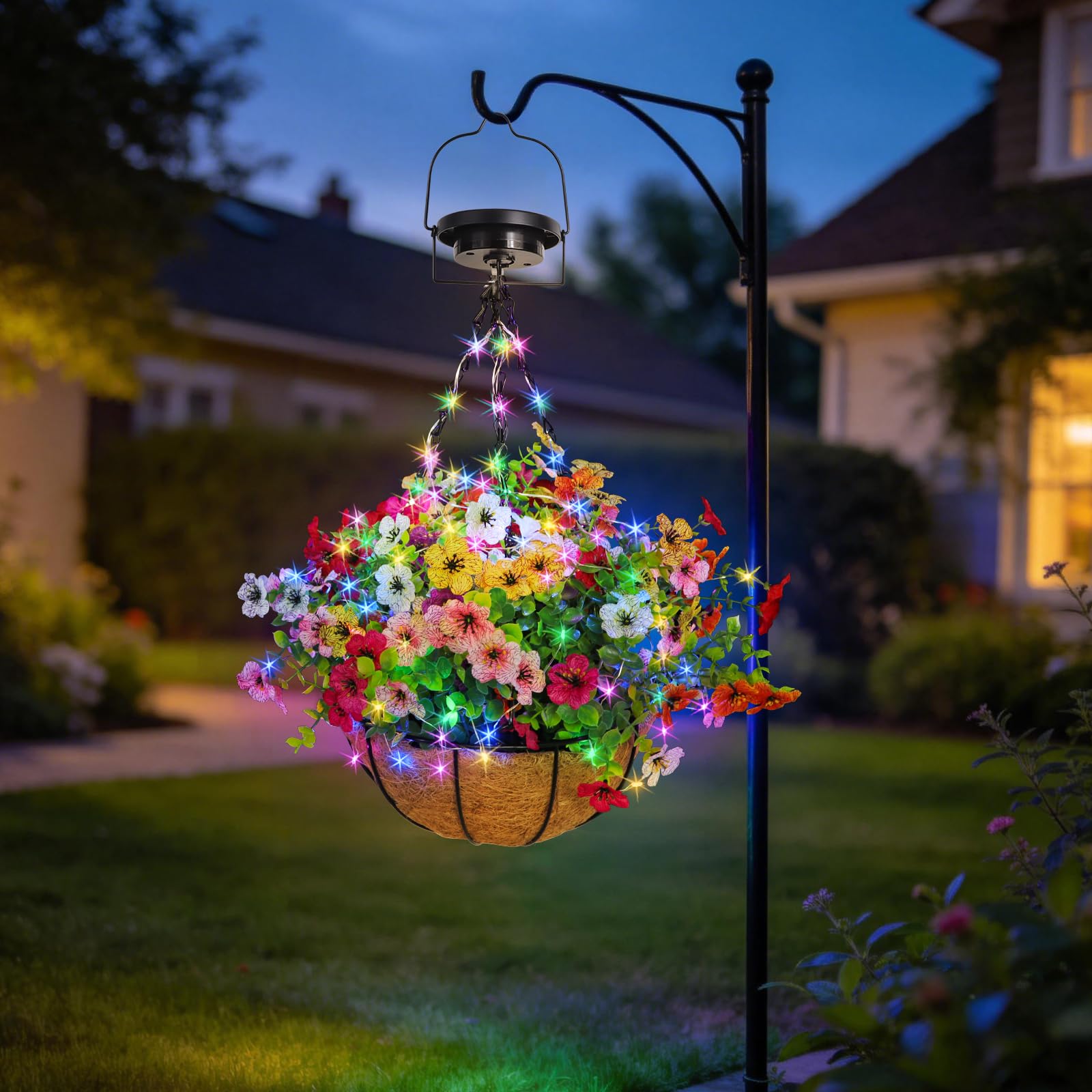 Side view of GOESWELL Hanging Flower Basket with lights