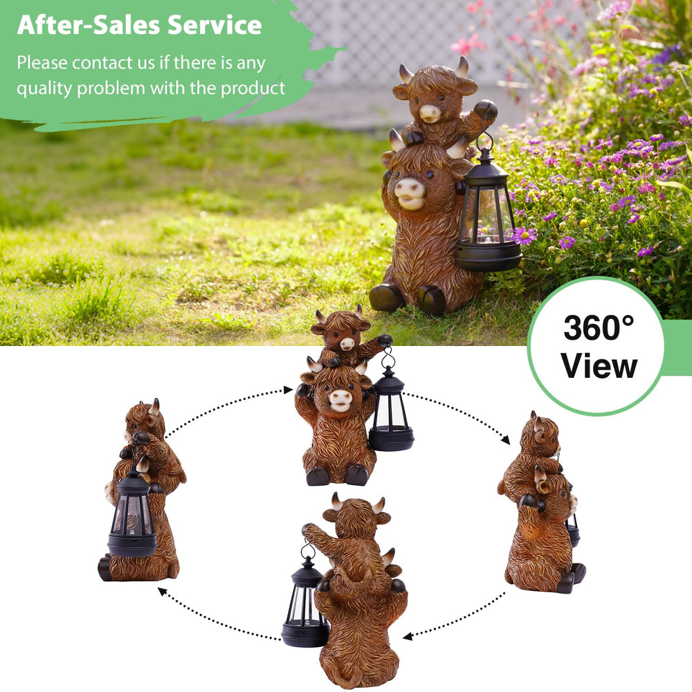 Side view of Goodeco Highland Cow Garden Statue with solar lantern