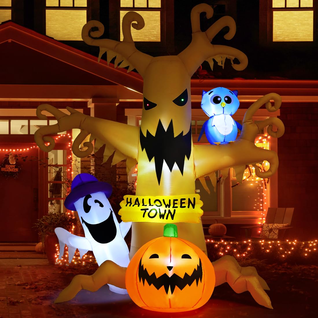 Side view of GOOSH 8FT inflatable dead tree with owl and pumpkins