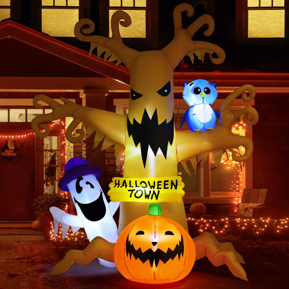 Side view of GOOSH 8FT inflatable dead tree with owl and pumpkins