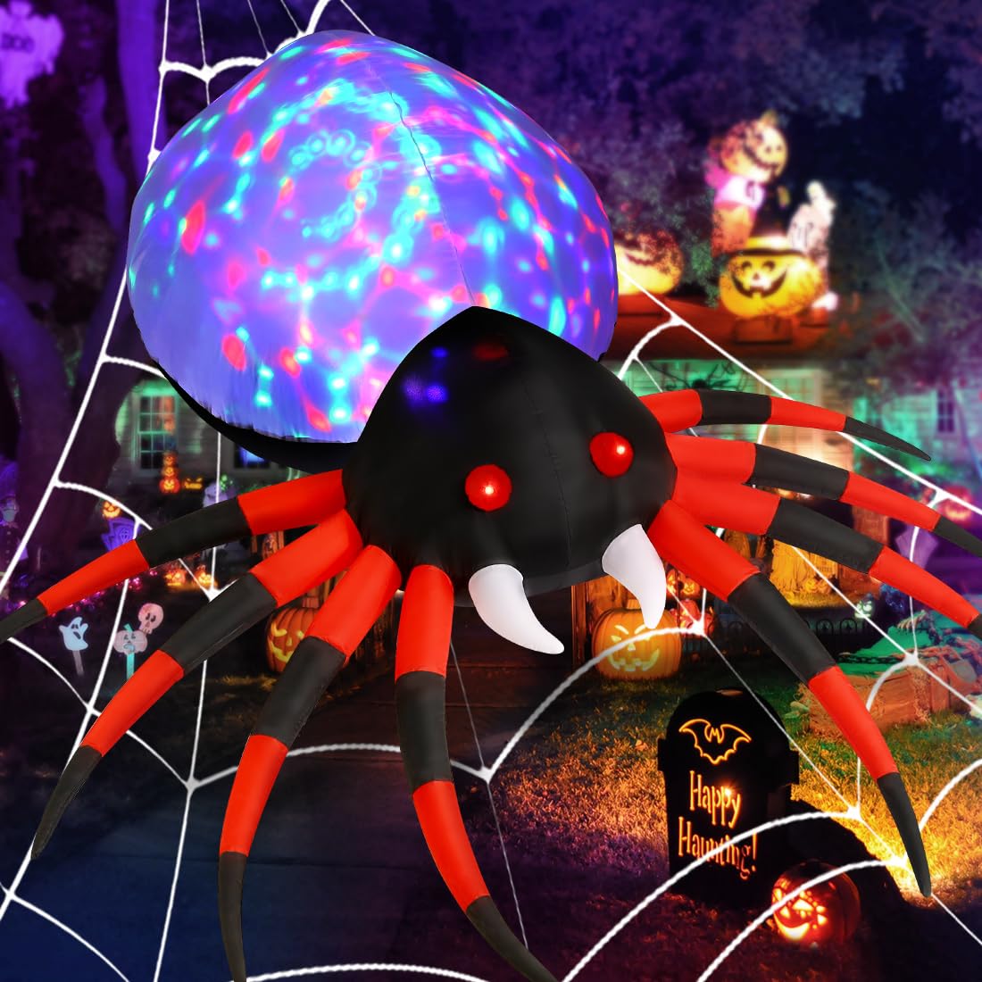 Side view of GOOSH 8FT inflatable spider during night