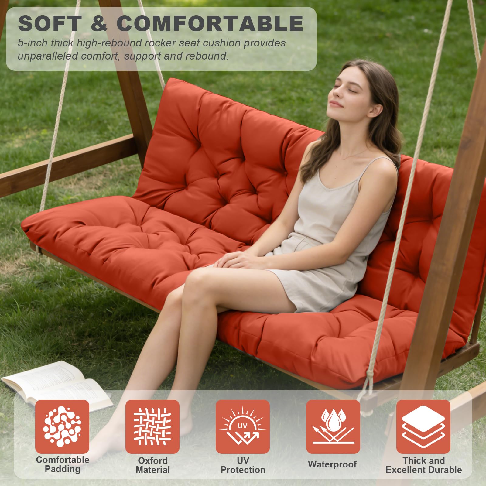 Side view of GPQAWER porch swing cushions on a patio