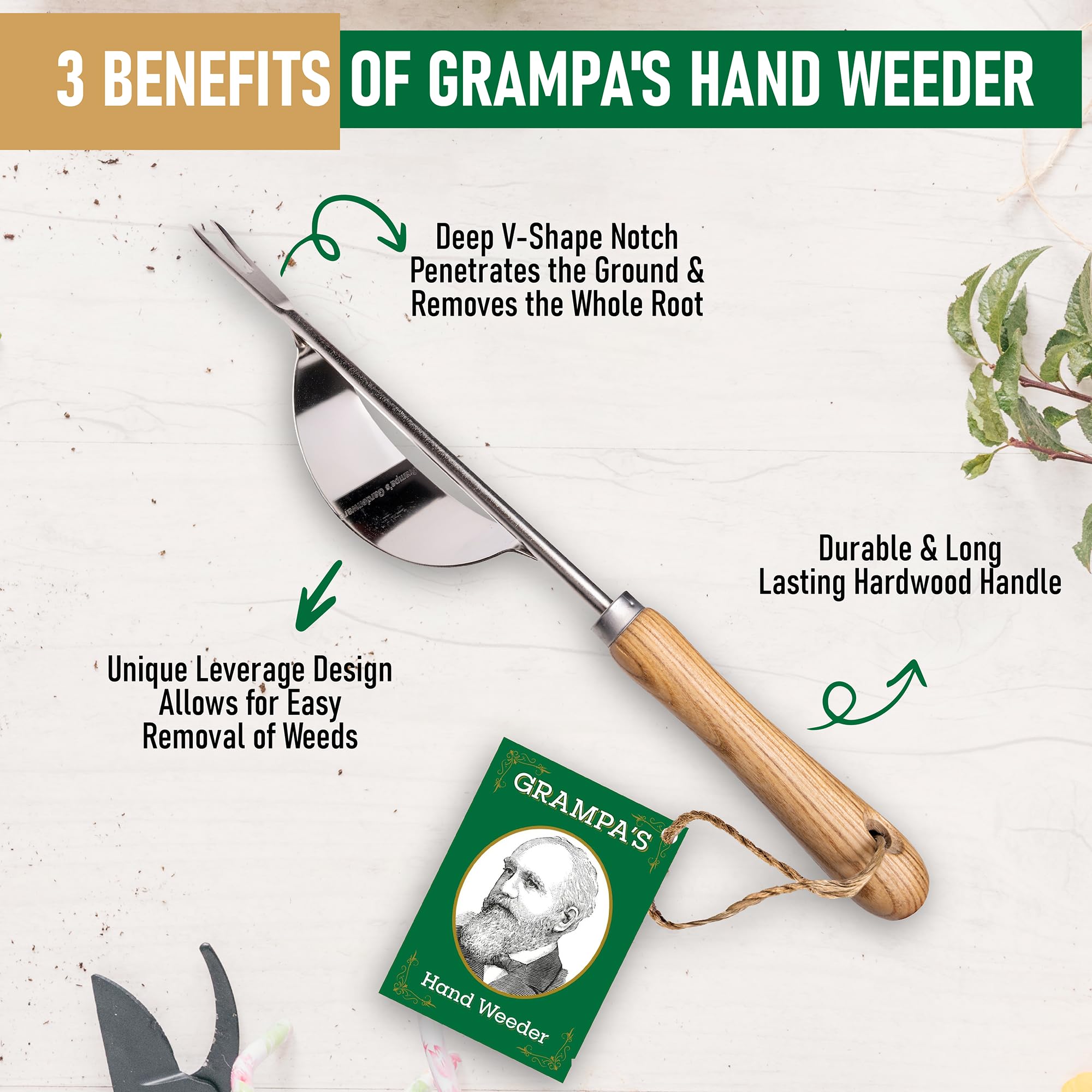 Side view of Grampa's Weeder Tool in a garden setting