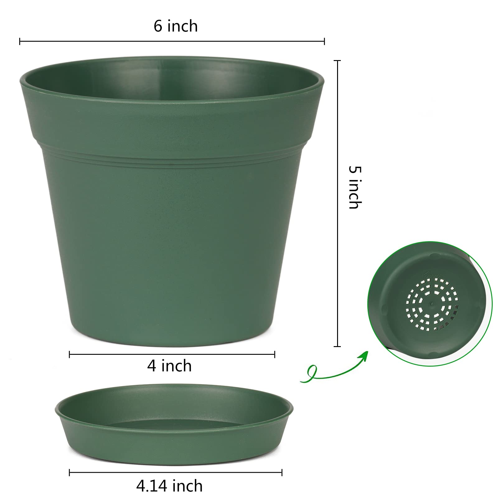 Side view of green plant pot with saucer included