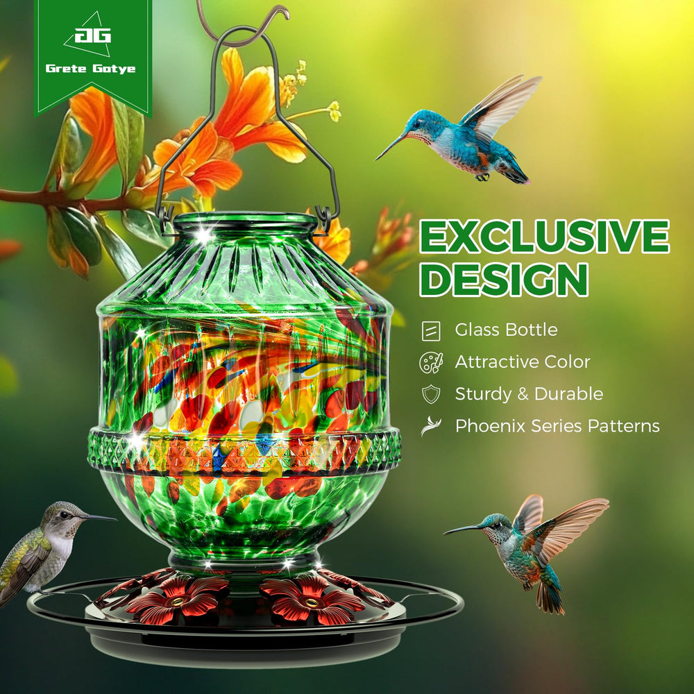 Side view of Grete Gotye hummingbird feeder showing vibrant green colour