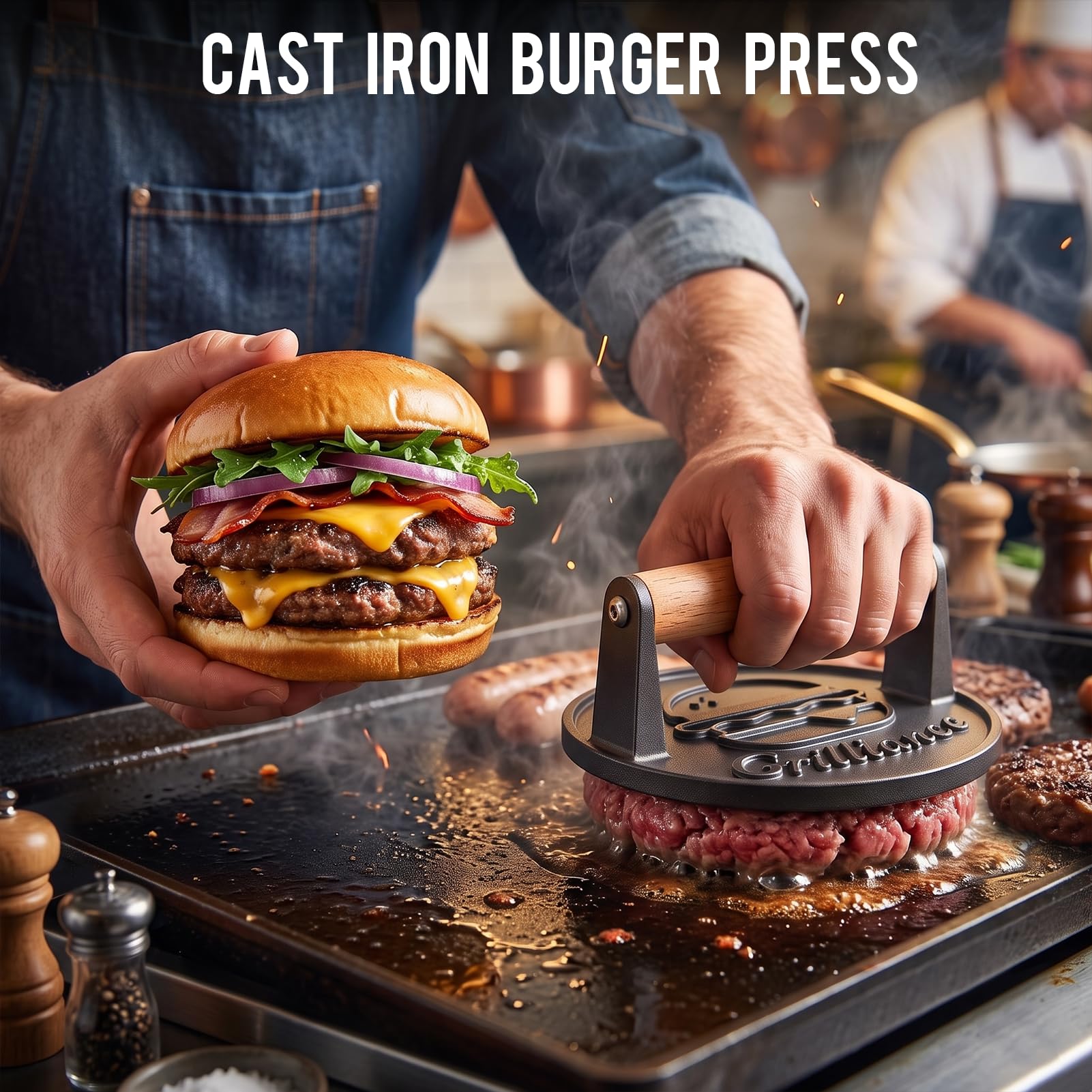 Side view of Grilliance burger press showing ergonomic handle