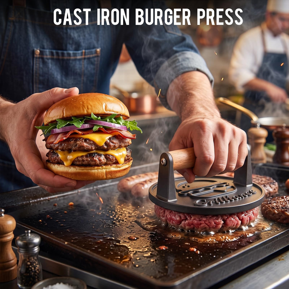 Side view of Grilliance burger press showing ergonomic handle