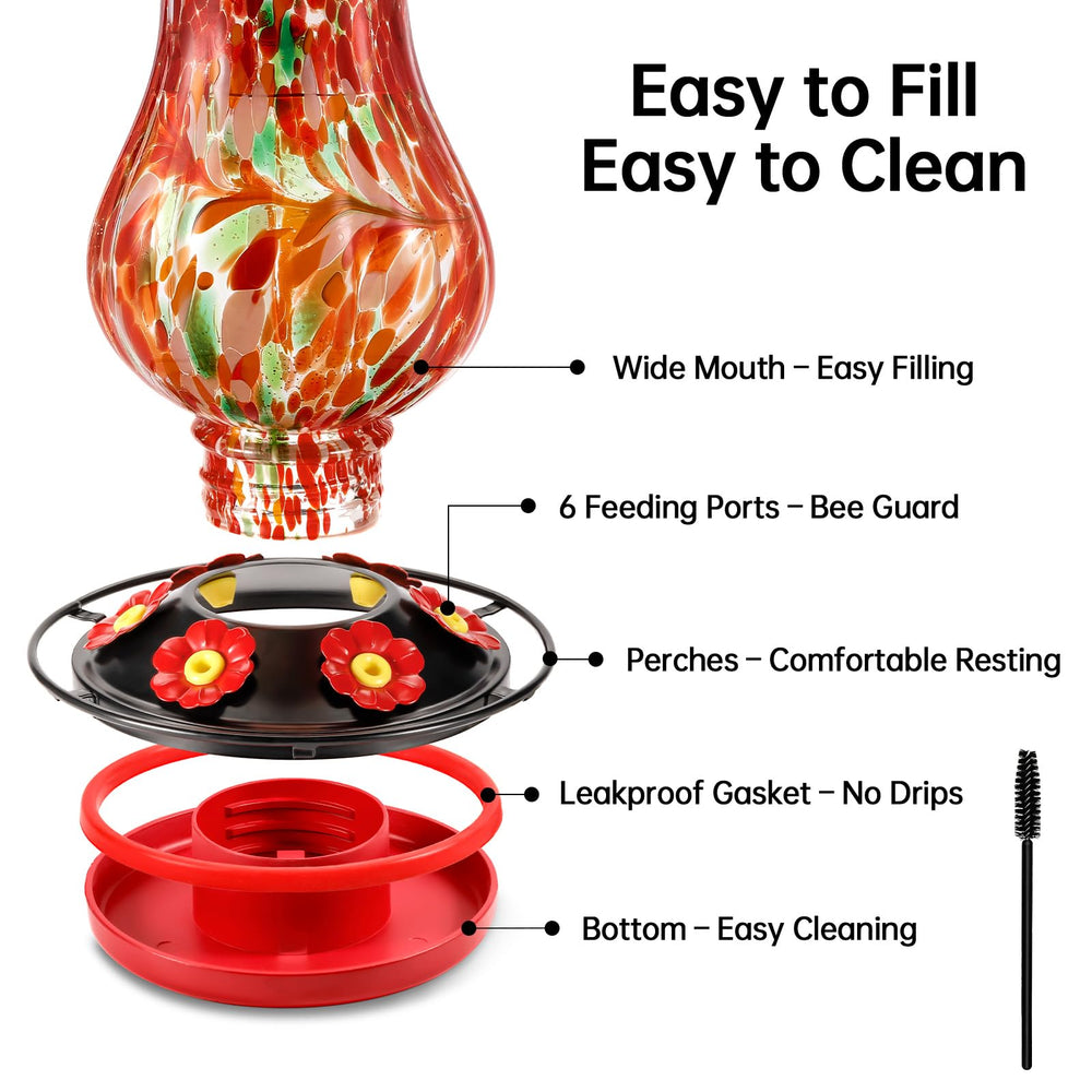 Side view of hand-blown glass DesGully hummingbird feeder