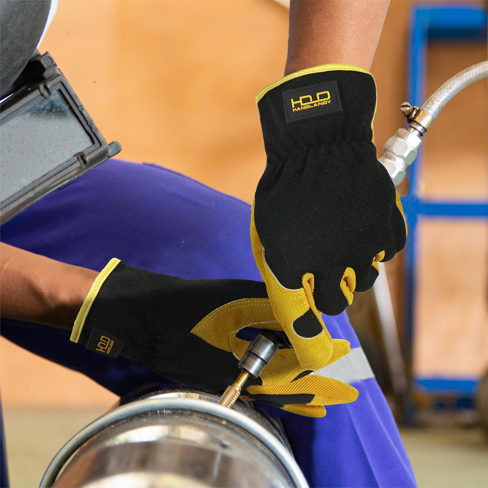 Side view of HANDLANDY Leather Gardening Gloves showing cuff