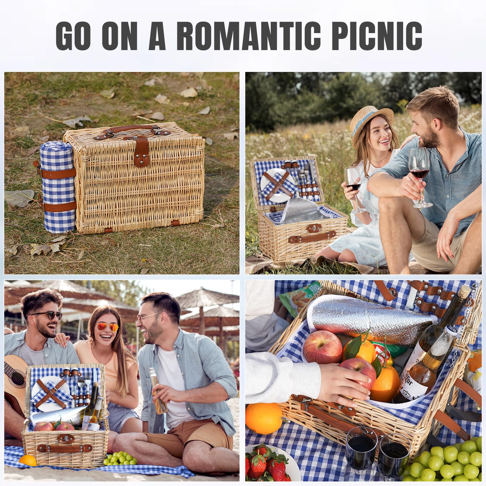 Side view of HappyPicnic wicker picnic basket with blue accents
