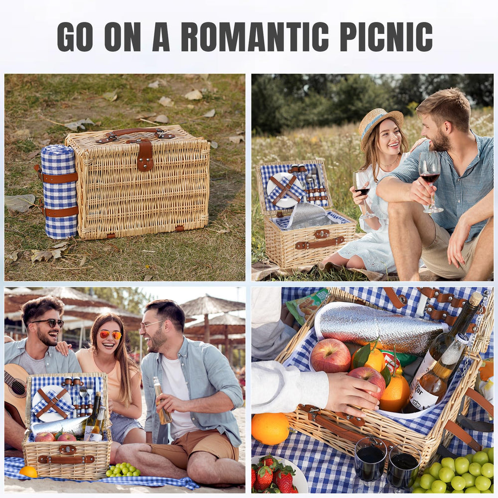 Side view of HappyPicnic wicker picnic basket with blue accents
