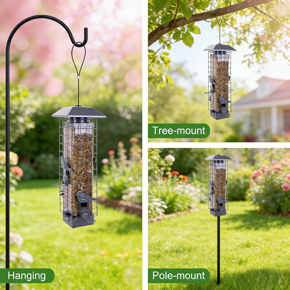 Side view of Henzavk squirrel proof feeder with metal frame