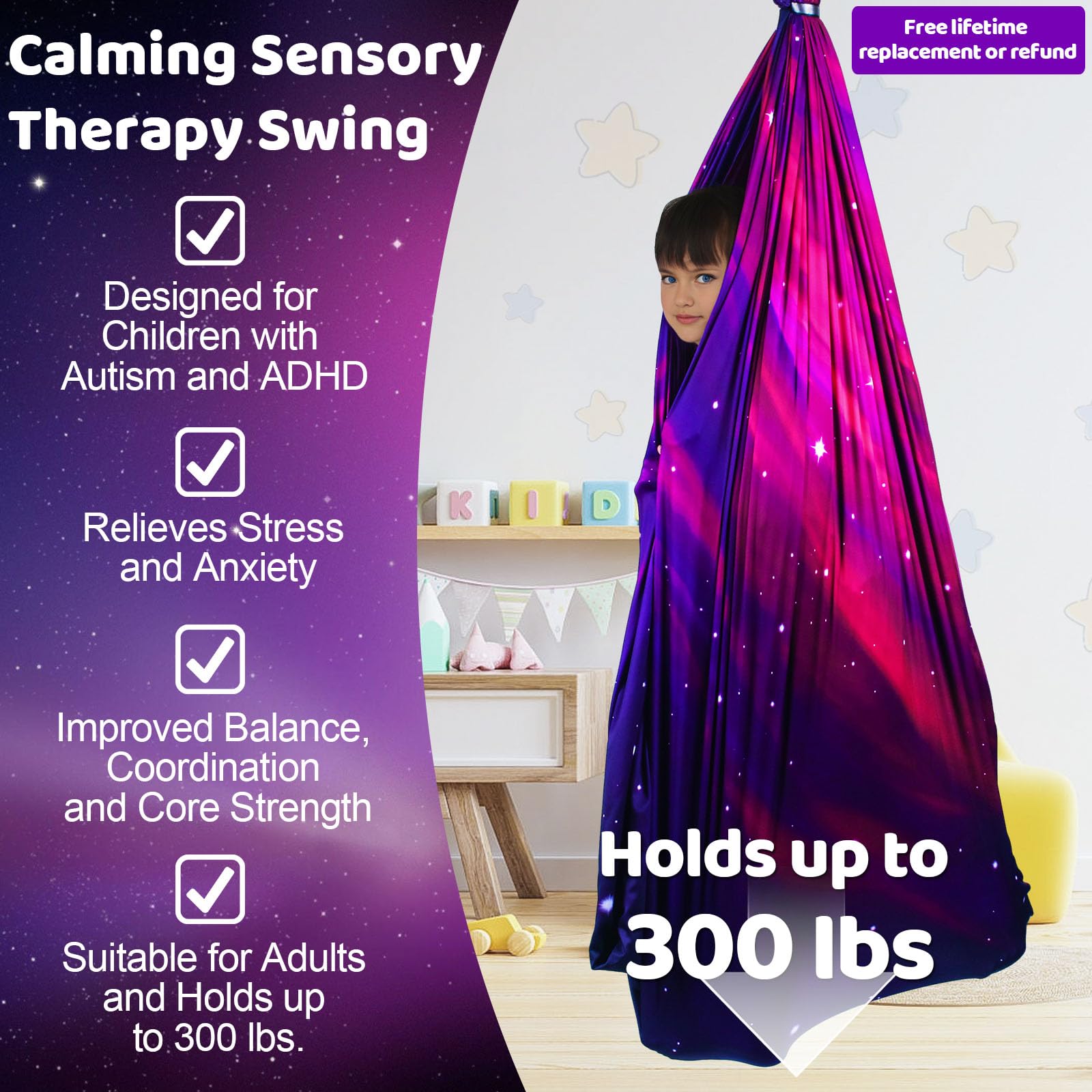 Side view of HiCamer Sensory Swing showcasing 360° rotating hanger