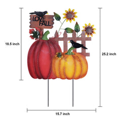 side view of hogardeck garden stakes with crows and 'I LOVE FALL' sign