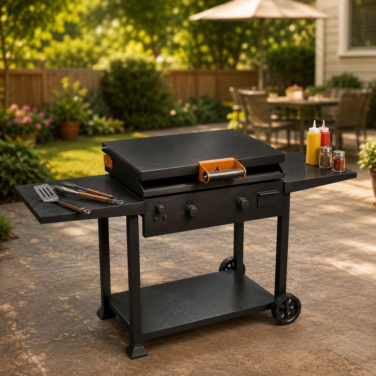 Side view of Honsary Handle & Hinge Kit on outdoor cooking setup