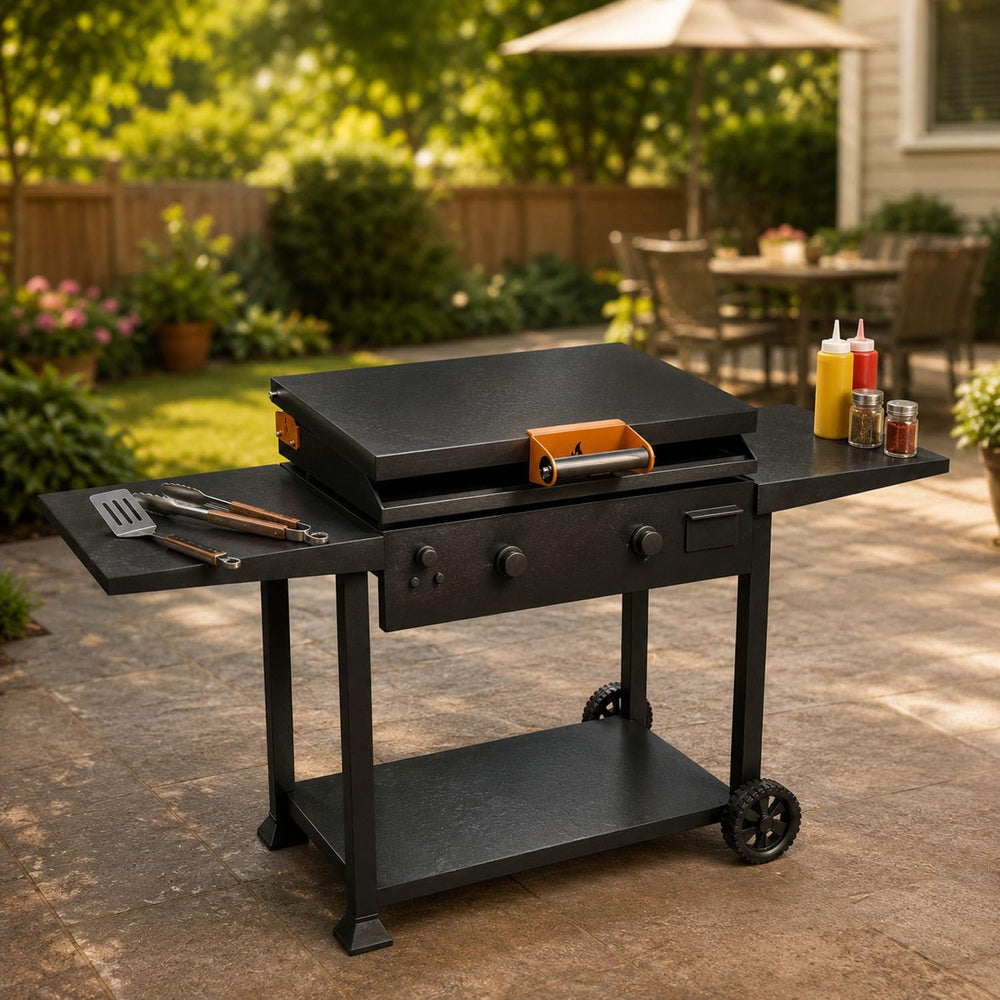 Side view of Honsary Handle & Hinge Kit on outdoor cooking setup