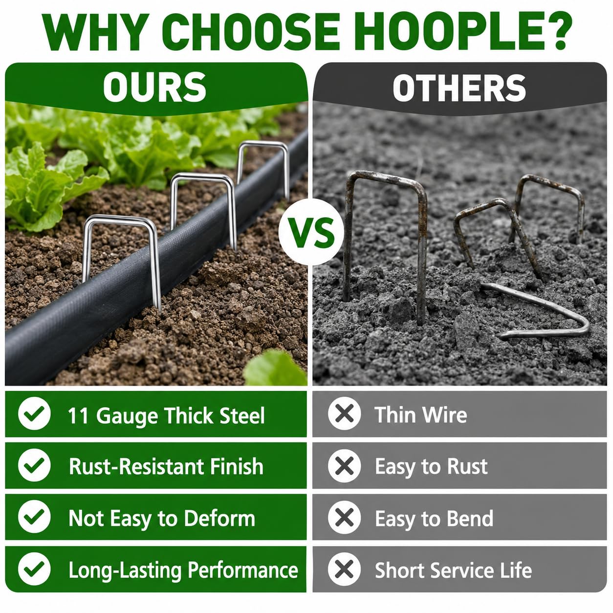 Side view of HOOPLE garden stakes showing U-shaped design