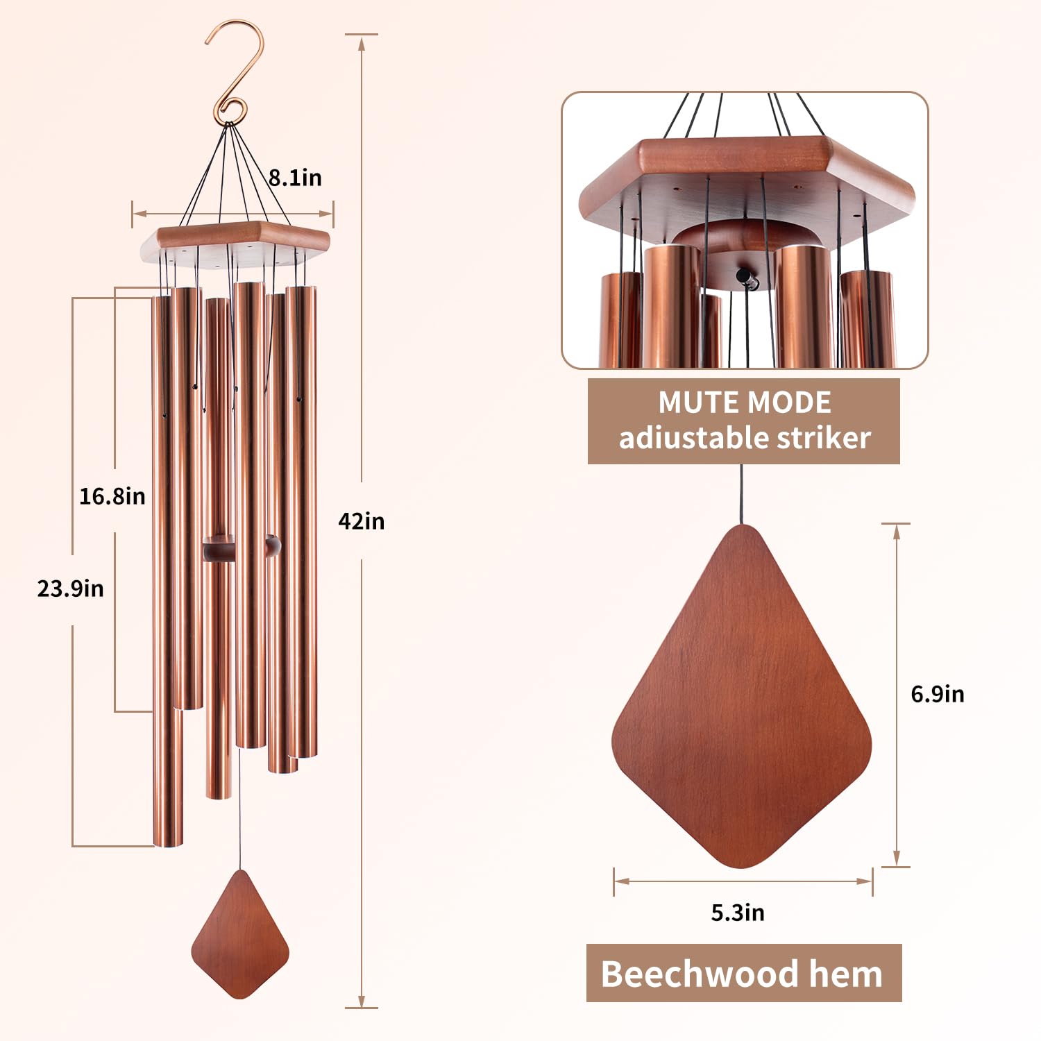 Side view of Howarmer 44 inch wind chimes showing aluminum tubes