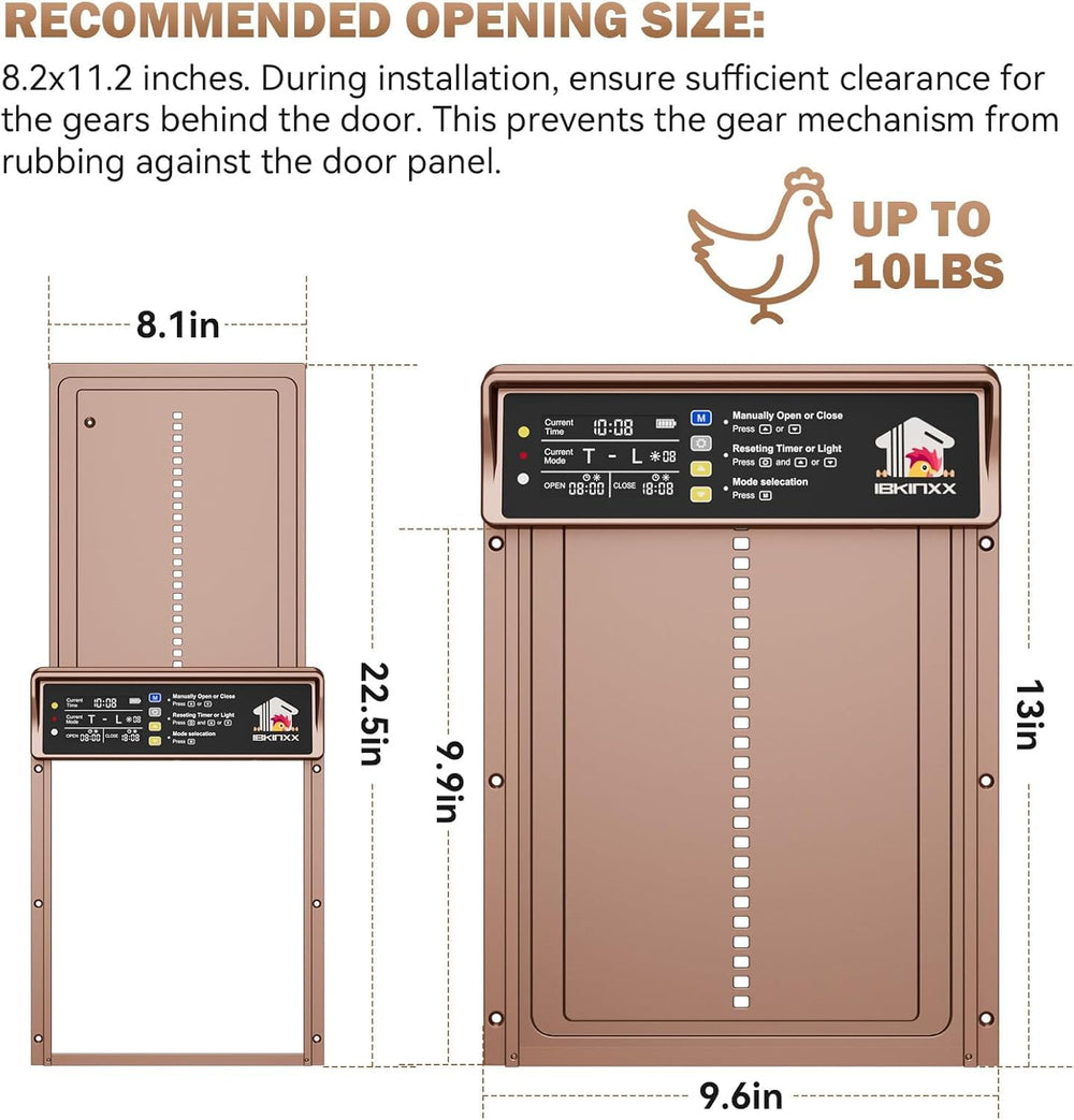 Side view of IBKINXX Automatic Chicken Coop Door opened