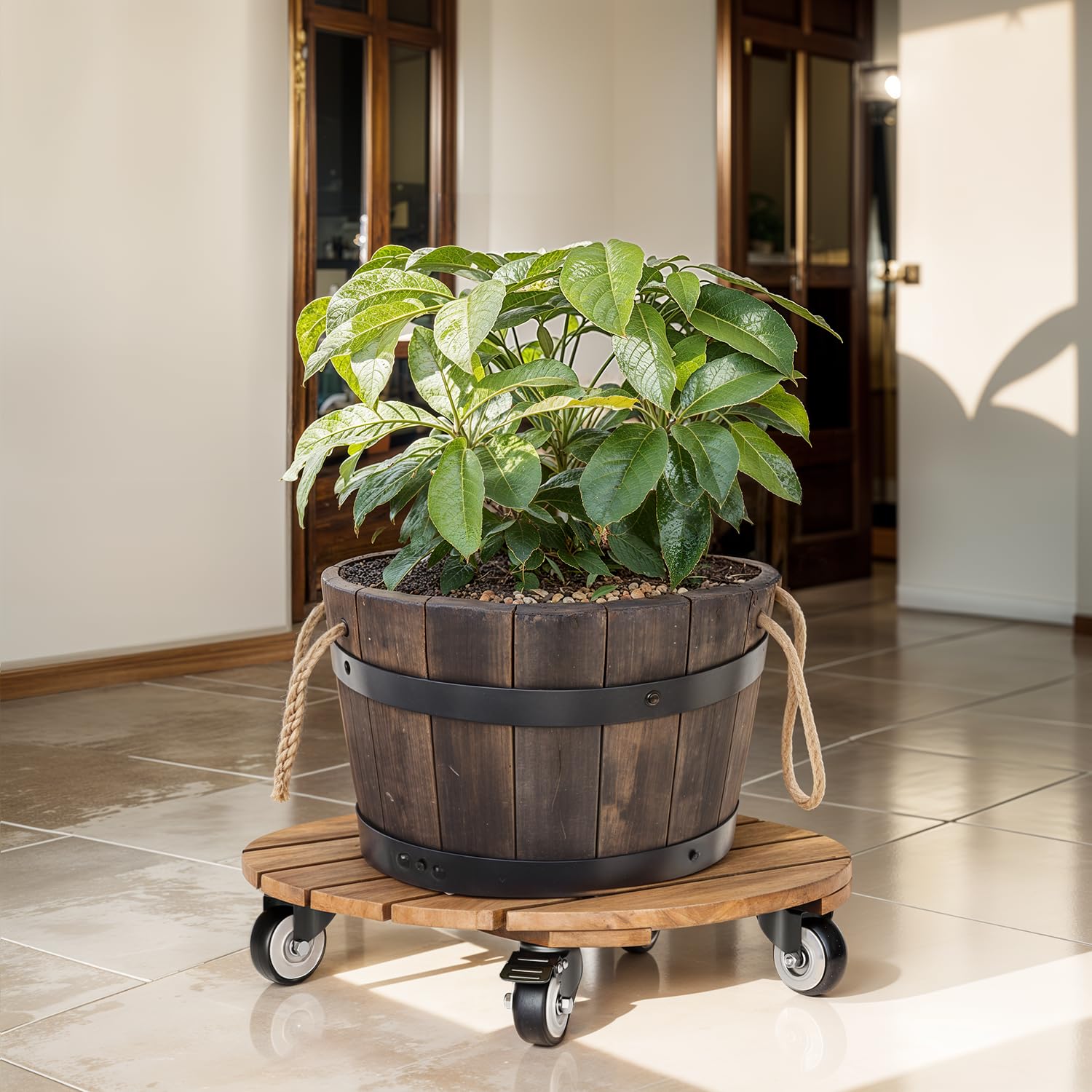 Side view of IDZO 12 Inch Wood Plant Caddy with potted plant
