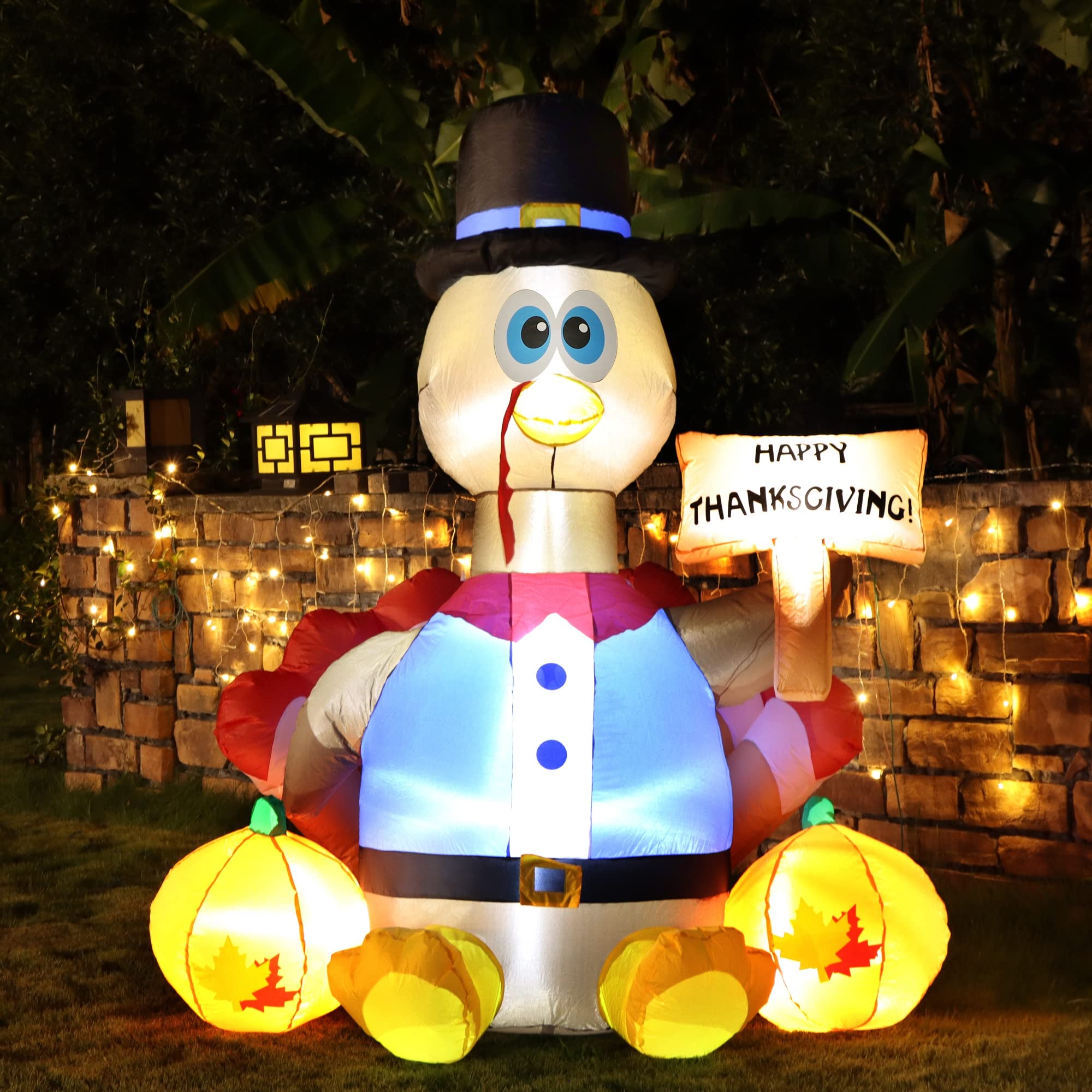 side view of inflatable turkey in a decorated garden