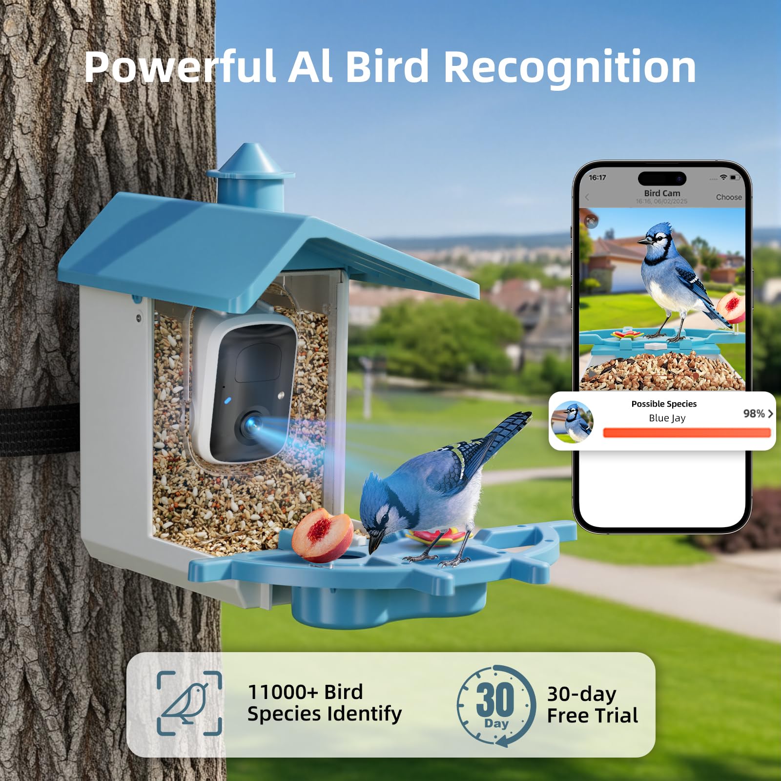 Side view of INKCKU Bird Feeder Camera in blue colour