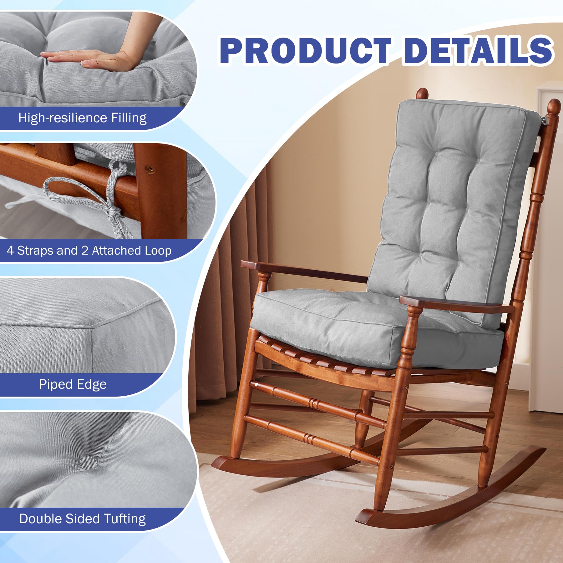 Side view of IPYNBAP rocking chair cushions on patio furniture