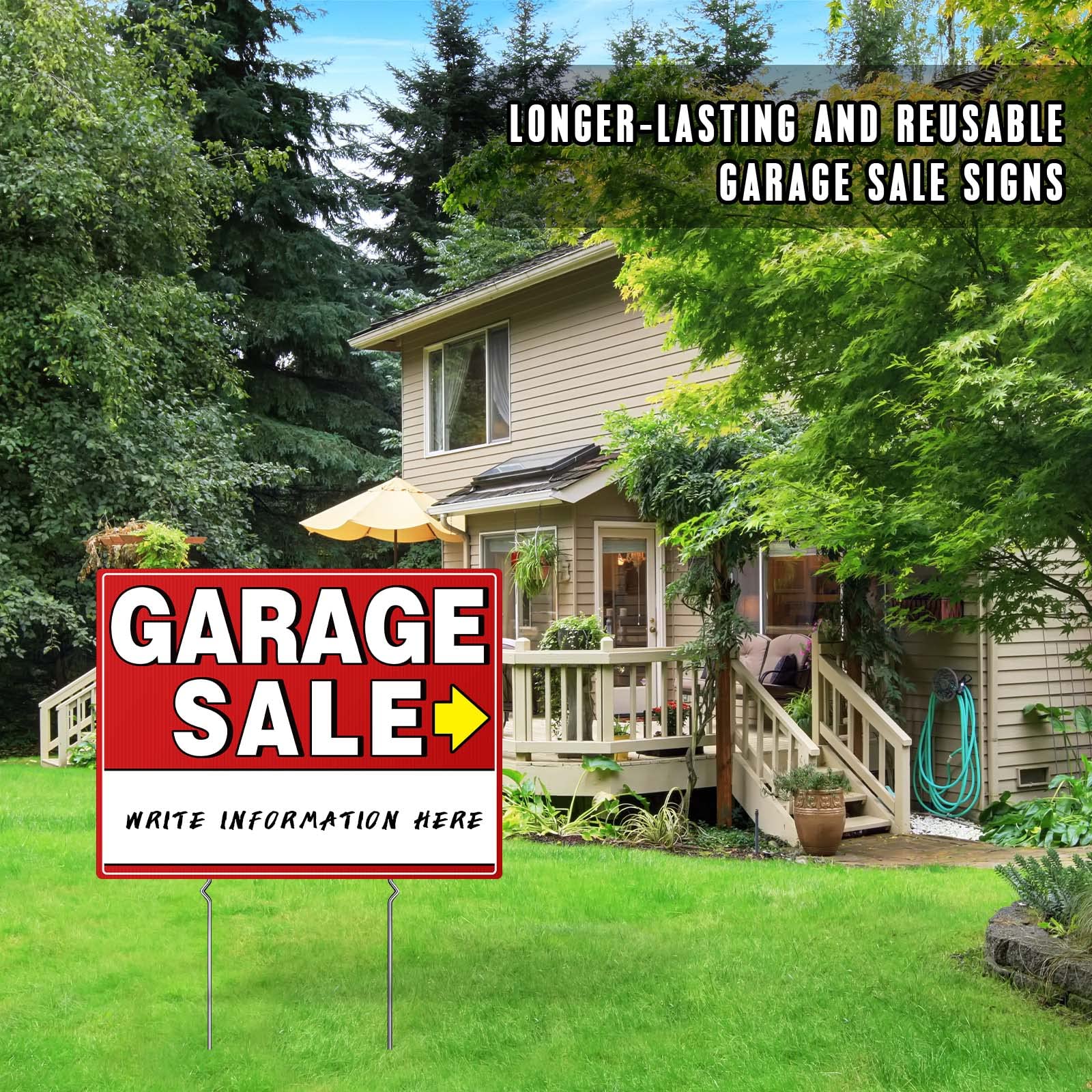 Side view of ISIYHCC garage sale sign illustrating double-sided design