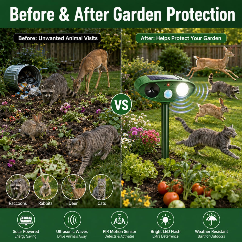 Side view of JahyElec ultrasonic repeller in garden