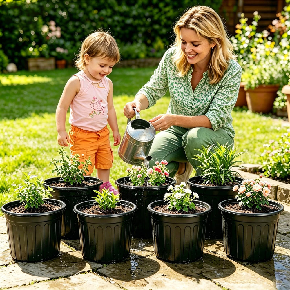 Side view of JERIA nursery pot with plant inside