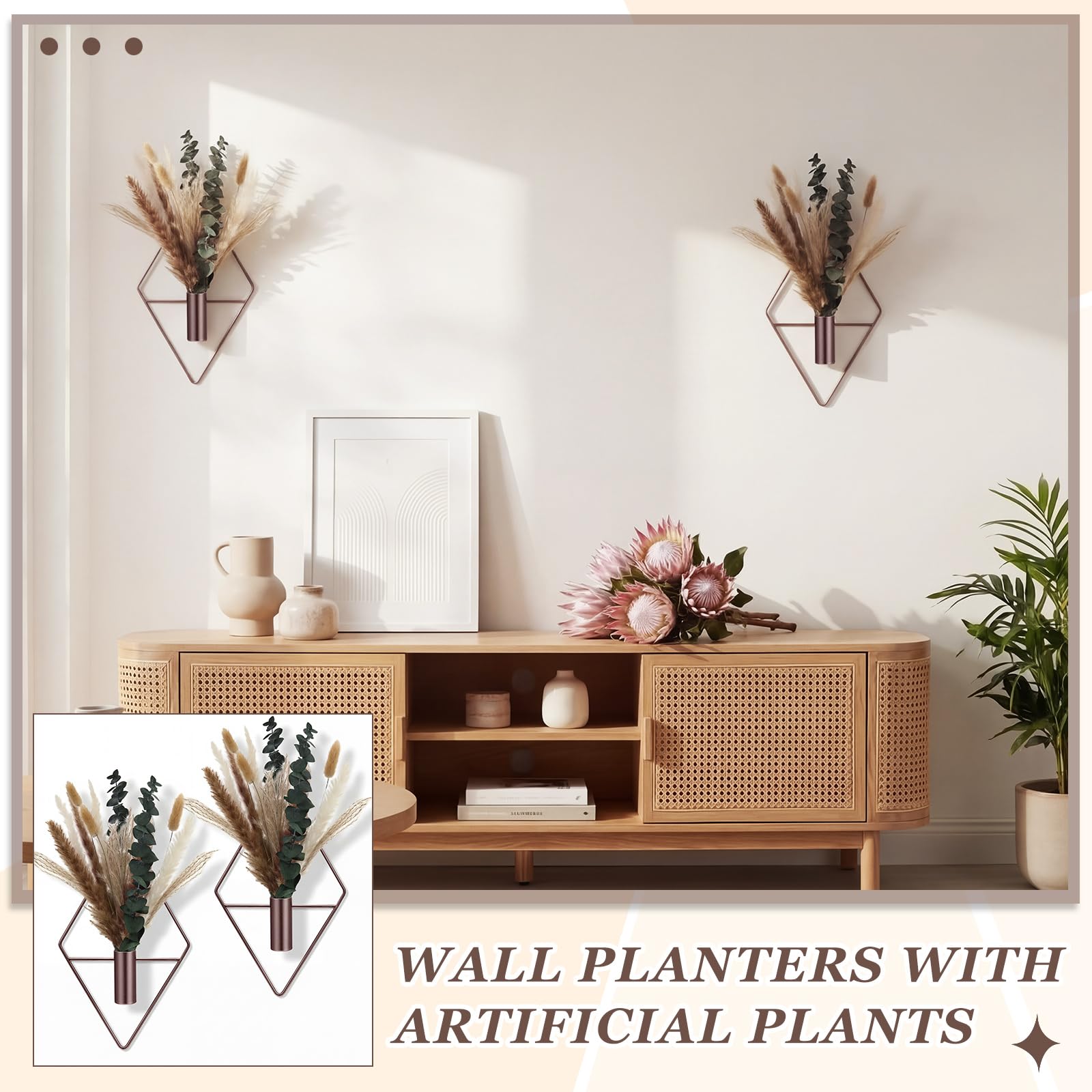 Side view of Jexine bronze hanging planter with vibrant faux plants