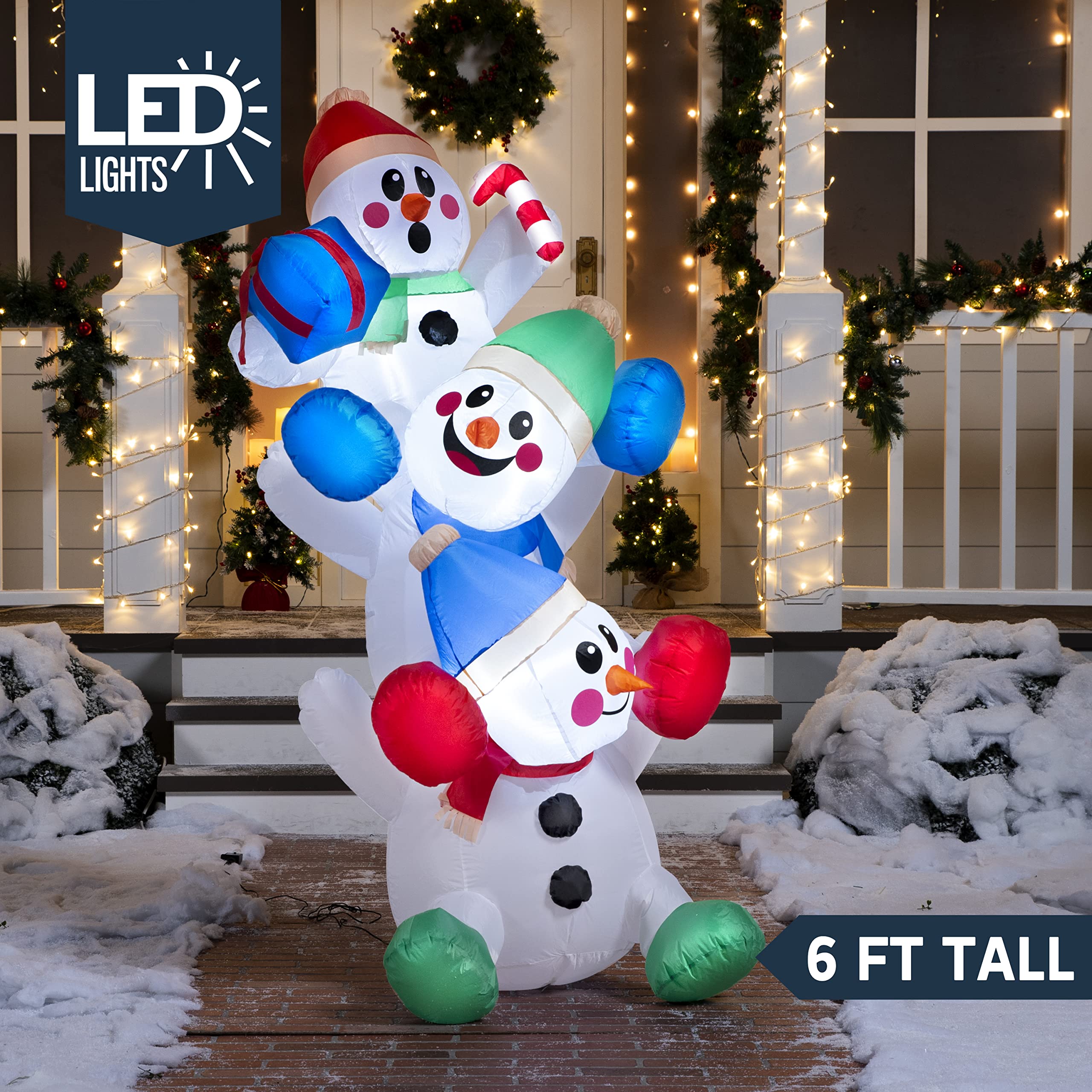 Side view of Joiedomi 6 FT inflatable snowman showing multicolour design