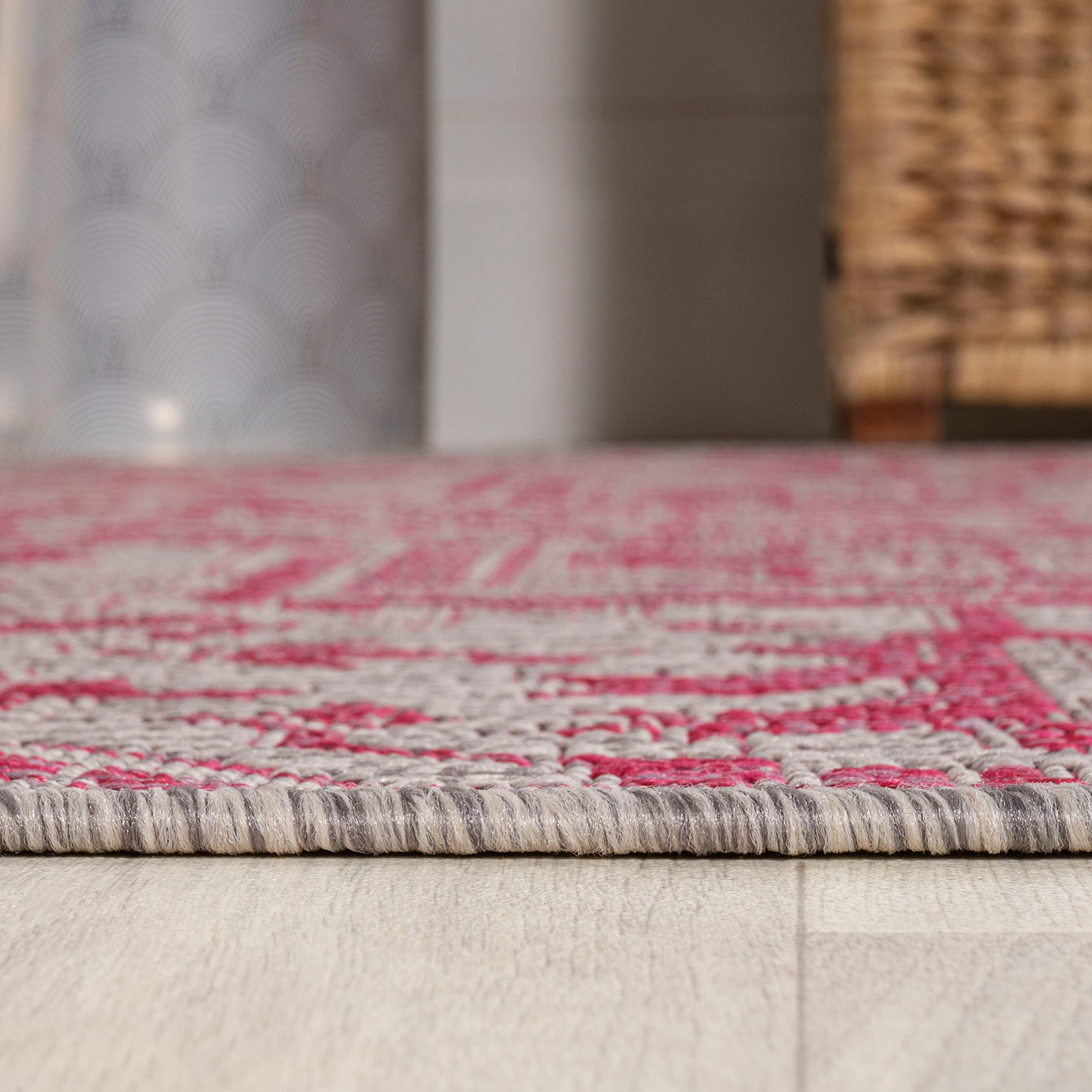 Side view of JONATHAN Y Boho Medallion Runner Rug showing low-pile construction
