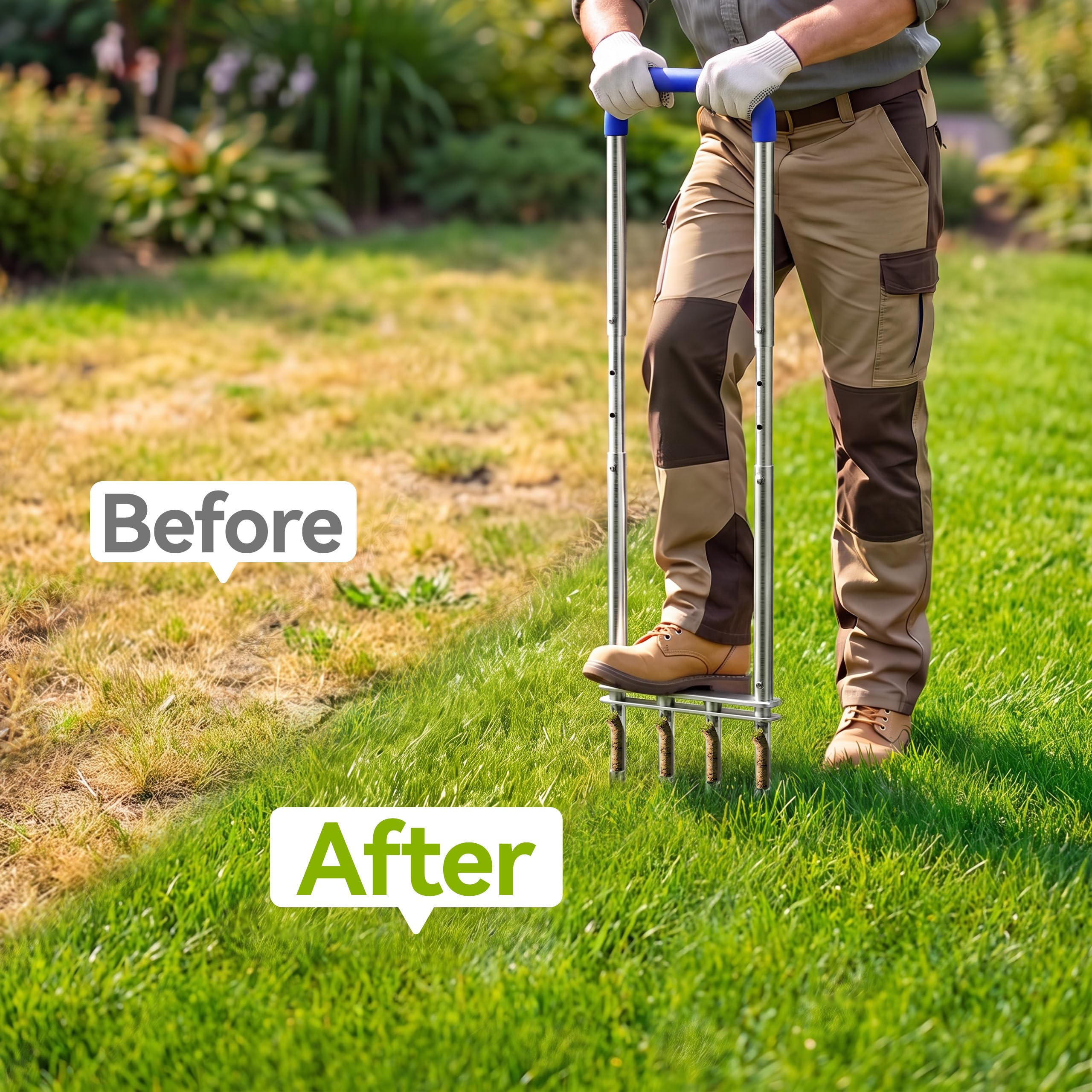 Side view of Josmimic Manual Lawn Aerator with soil ejection feature