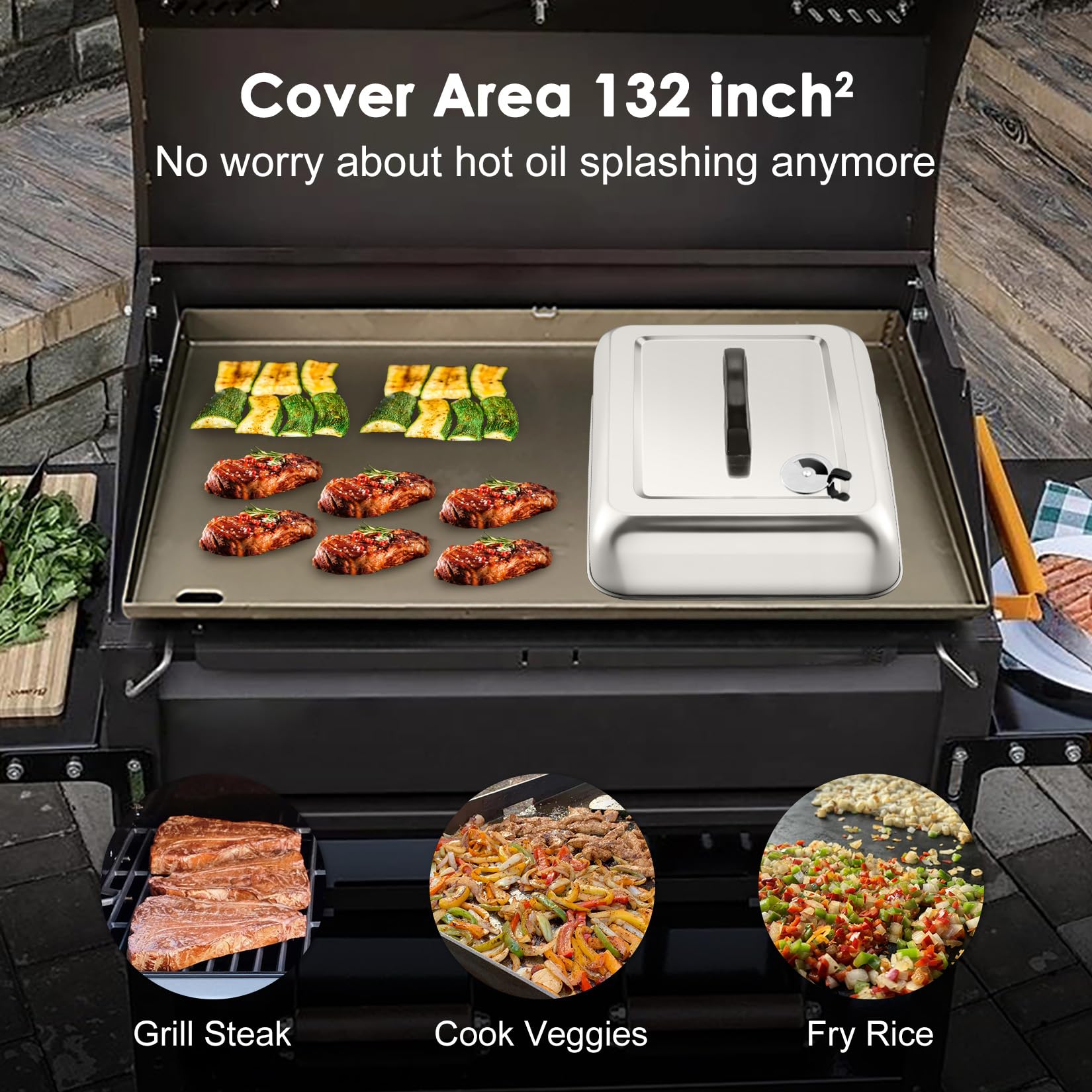 Side view of Joyfair basting cover with brushed stainless steel finish