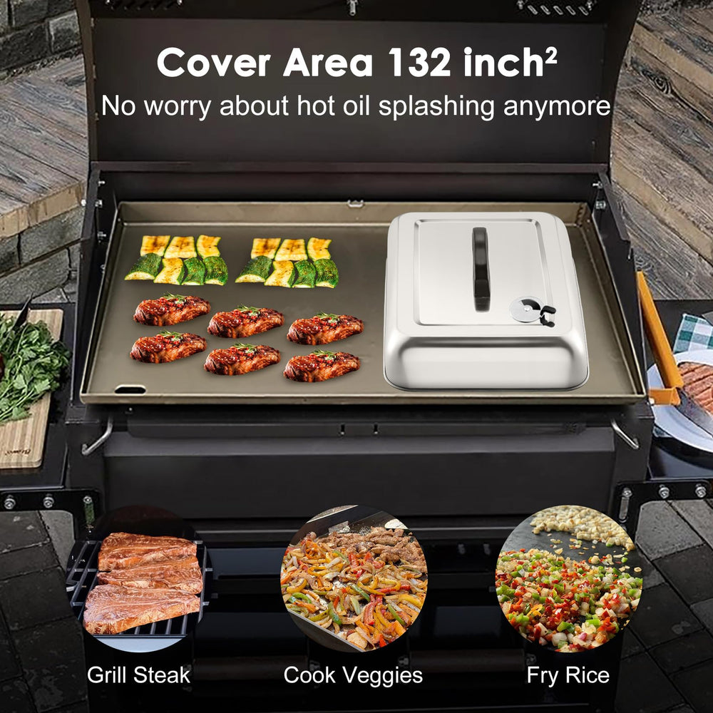 Side view of Joyfair basting cover with brushed stainless steel finish