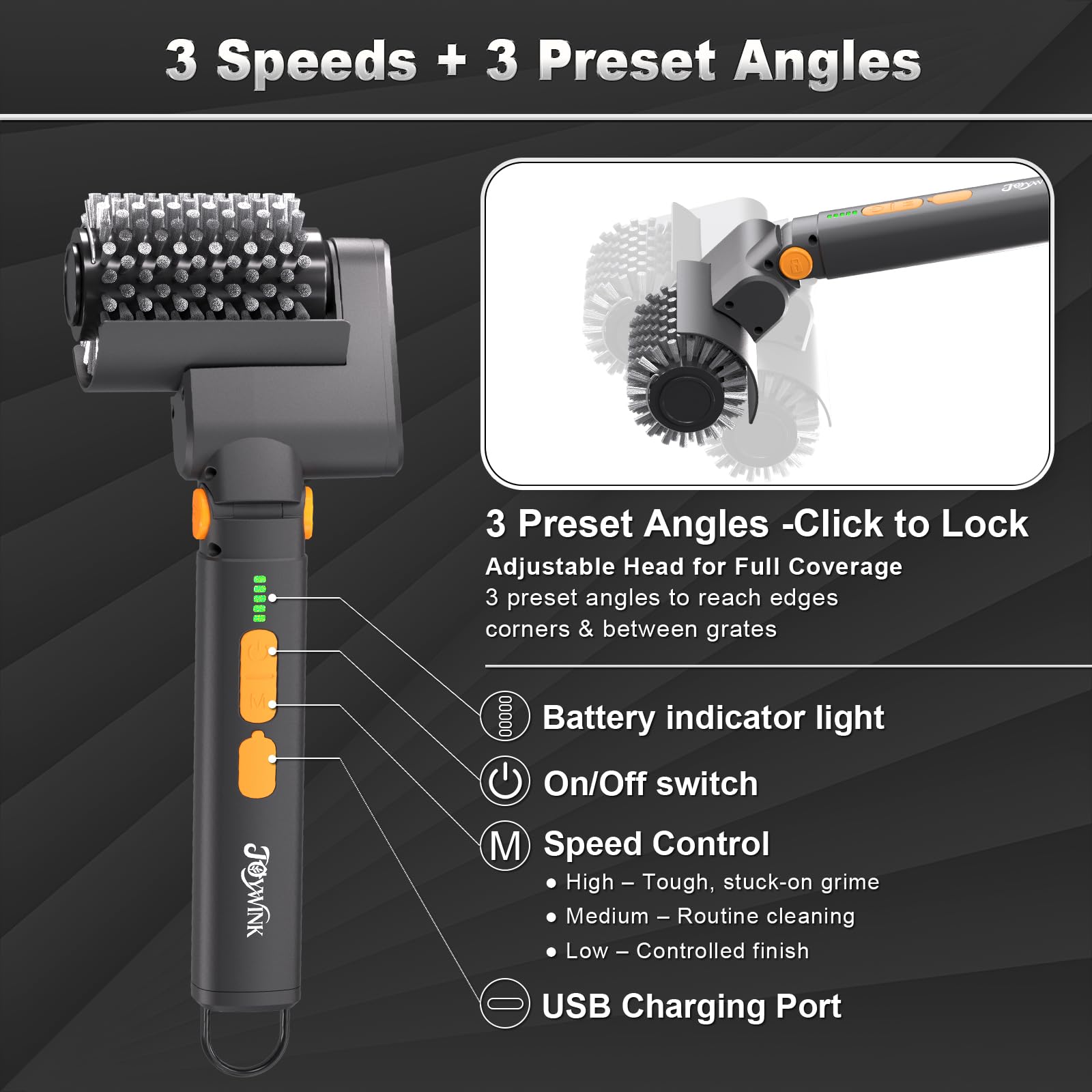 Side view of JOYWINK Electric Grill Brush with orange handle