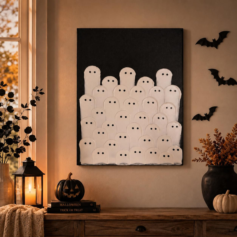 Side view of Kindlivery Halloween Ghost Wall Art on a table