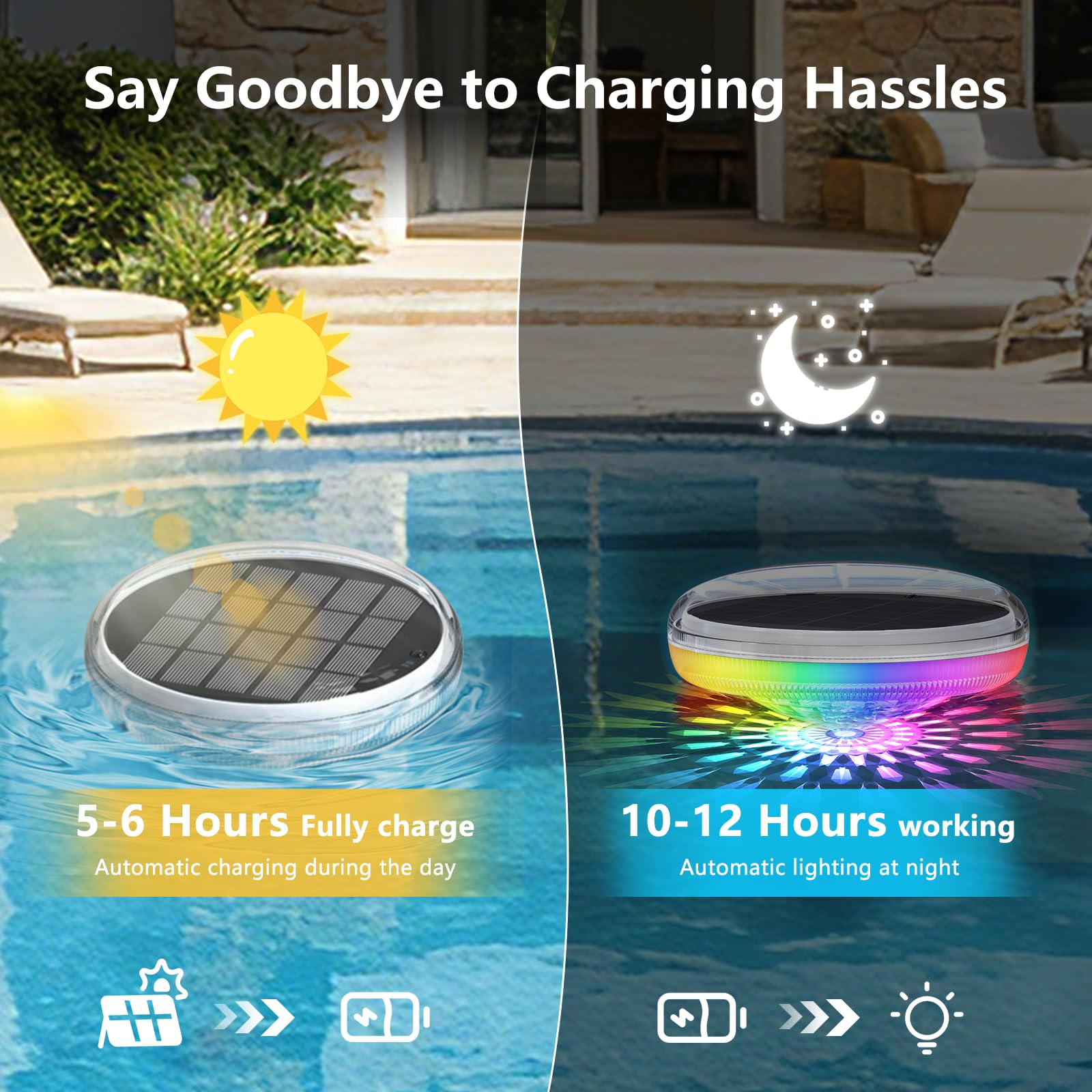 Side view of Kitloo Solar Floating Pool Light in a swimming pool