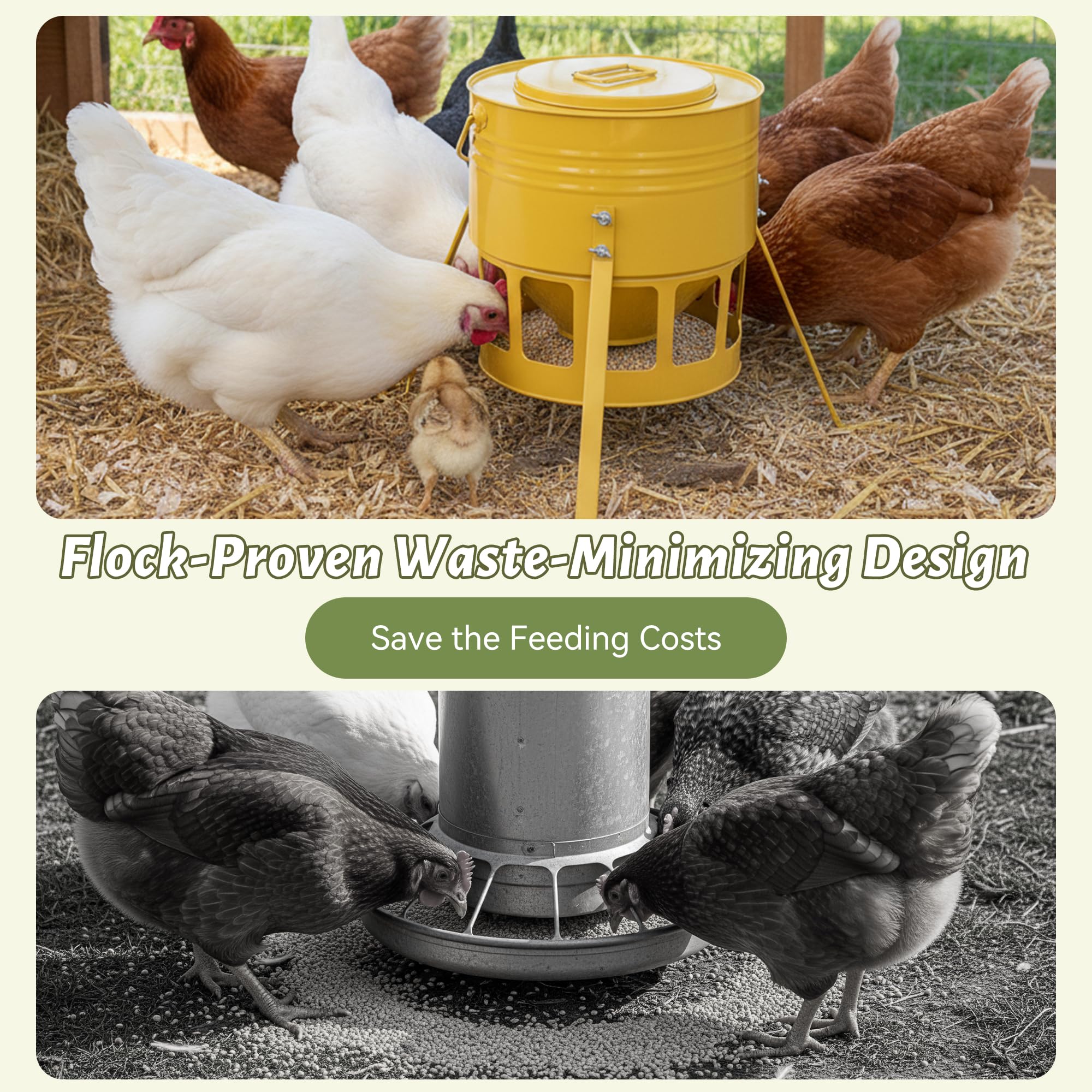 Side view of KOL Metal Chicken Feeder with tripod base