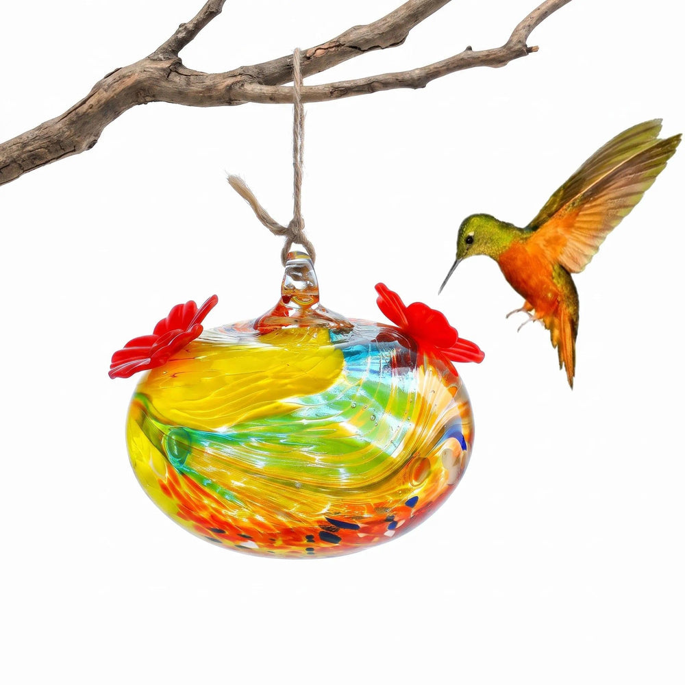 Side view of KRISININE Hand Blown Glass Hummingbird Feeder