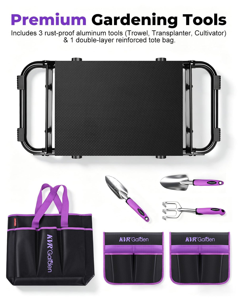 Side view of KVR garden kneeler showing side tool pouches